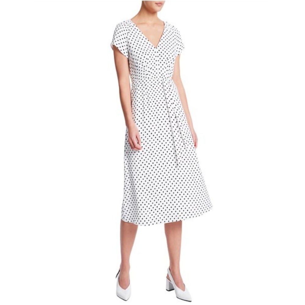 MARCS Polka Dot Dress Womens 10 White V-Neck Short Sleeve Midi Fit & Flare NEW - Picture 3 of 11